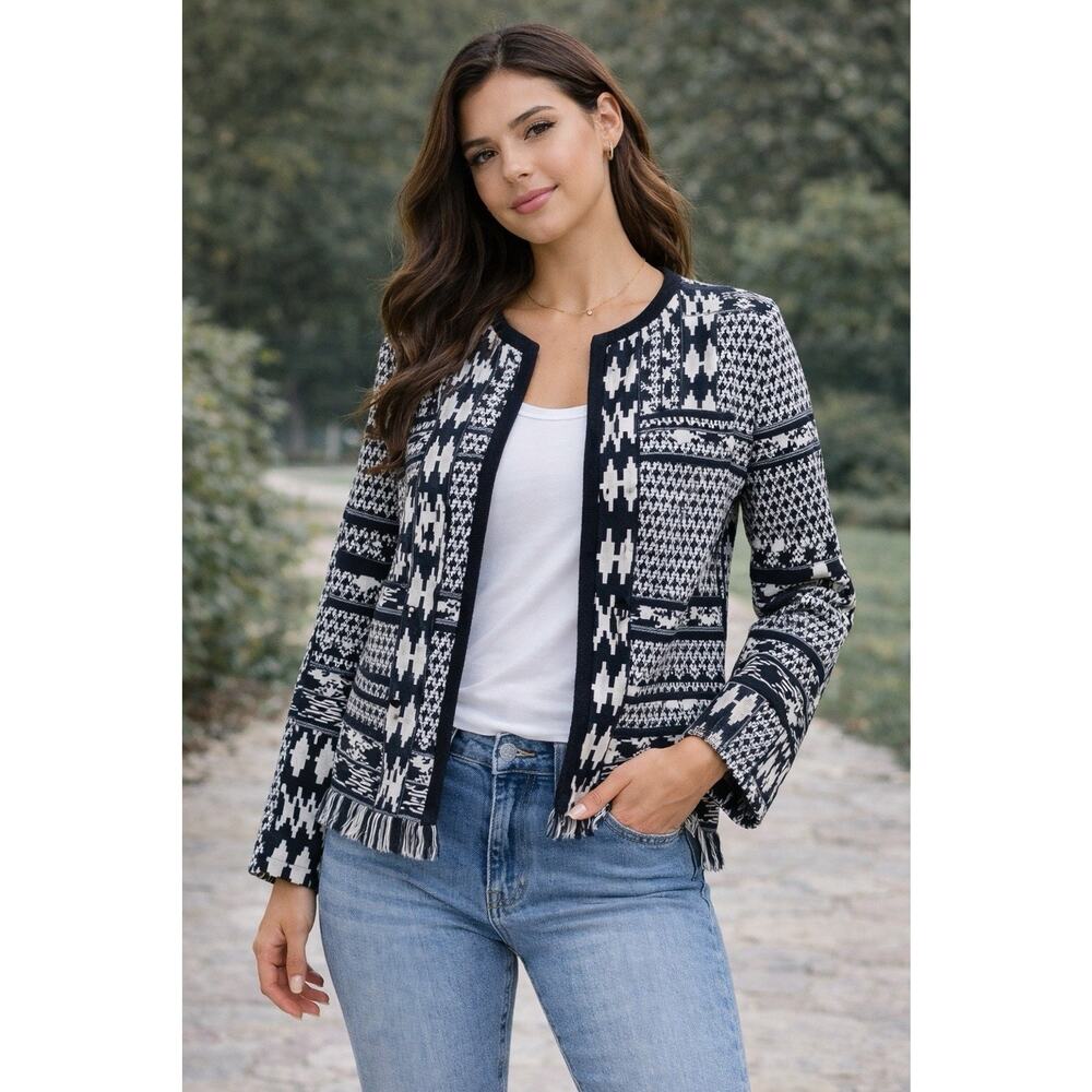 Aztec Womens Blazer Sz 10 Navy Blue White Structure Career Coastal